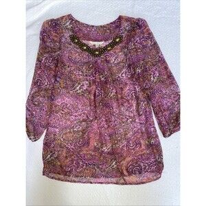 TravelSmith Paisley Boho Blouse Medium M Beaded Neckline Gypsy Chic Peasant Top